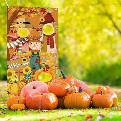 Happy Thanksgiving Toss Game Banner with 3 Bean Bags Scarecrow Bean Bag Toss Games Thanksgiving Game Decoration Thanksgiving Turkey Harvest Party Games for Adult Party Supplies