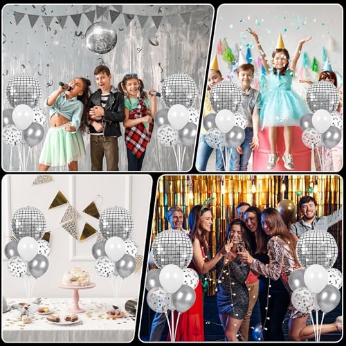 Disco Ball Party Balloons Stand Kit 2 Sets with 2 Silver 4D Discoball Foil Balloon Disco Ball Centerpiece for Tables 70s 80s 90s Dance Themed Birthday Graduation Decorations 2026 Prom Party Supplies - style: Silver Disco