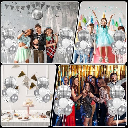 Disco Ball Party Balloons Stand Kit 2 Sets with 2 Silver 4D Discoball Foil Balloon Disco Ball Centerpiece for Tables 70s 80s 90s Dance Themed Birthday Graduation Decorations 2026 Prom Party Supplies - style: Silver Disco