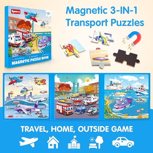 SYNARRY Air Land Water Transport Magnetic Puzzles for Toddlers 3-5, 20 Pieces Travel Puzzles for Kids Ages 4-6, Car Airplane Road Trip Activities Toys for 3 4 5 6 Year Old Boys Girls Birthday Gifts - style: Transport