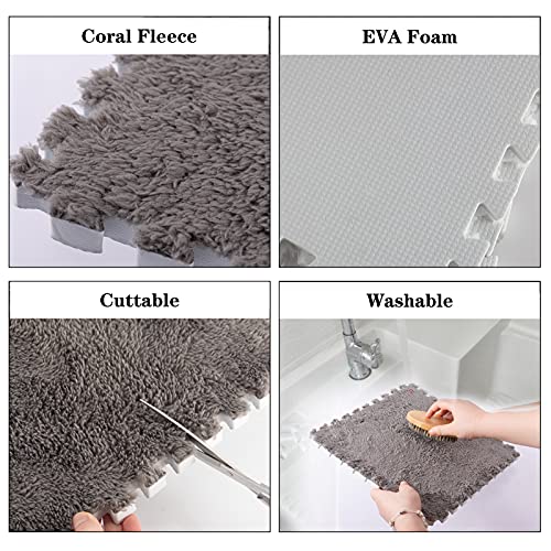 12 pcs Thickened Plush Interlocking Floor Mat 0.6" Thick- Fluffy Square Tiles with 12 Edgings Soft Anti-Slip Puzzle Area Rug Playmat for Room (11.8", Gray & Light Brown) - color: Gray & Light Brown