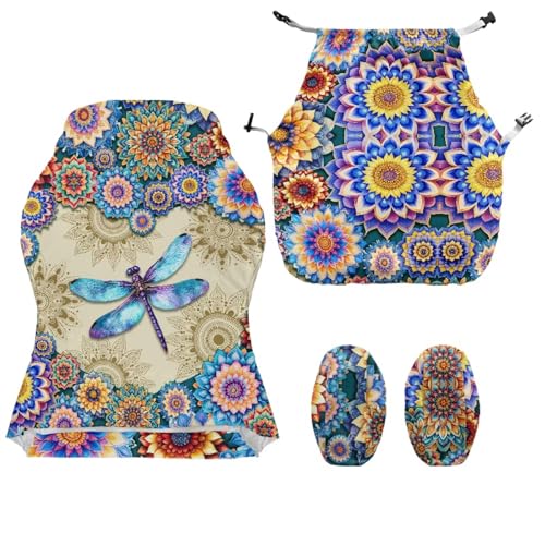 Dragonfly Print Gaming Chair Slip Cover Set Boho Mandala Flower Print Gaming Chair Covers Slipcovers 4Pcs with Armrest Cover Universal Fit for Desk/Swivel/Rotating Chairs Protector - color: Multi - Dragonfly Boho Mandala Flower