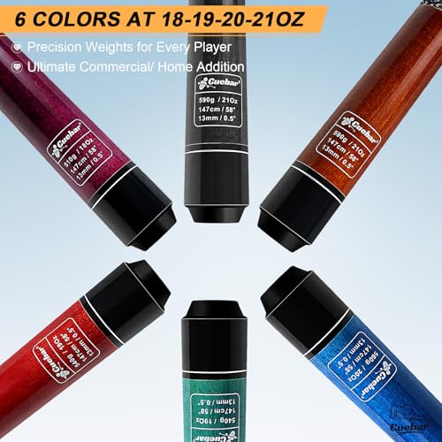 Pool Cues Set of 6, 58" 2-Piece Billiard Stick with Linen Grip & 13mm Tip, Pro Maple Cues in 4 Weights (18-21oz) for Home Bar - color: Purple+Red+Teal+Blue+Brown+Black