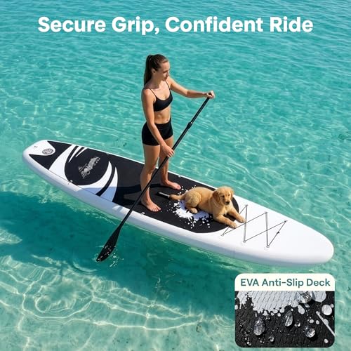 SereneLife 10’6” Inflatable Stand Up Paddle Board with Premium SUP Accessories - 32” Wide Stable Design with Non-Slip EVA Deck Pad, for Youth and Adults, 350 lbs. Capacity - color: Black/Grey