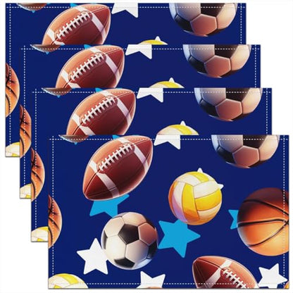 Erosebridal Ball Games Placemats Set of 4 12x18 Stars Sports Place Mat for Boys Men Soccer Baseball Basketball Volleyball Blue Heat Resisting Table Mats - color: Blue