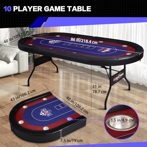RAYKEEP 86" Large Foldable Poker Table, 10-Player Casino-Style Texas Holdem & Blackjack Game Table with Cup Holders, Padded Rails for Home Game Room, Family Nights, and Parties (Black) - color: 86"