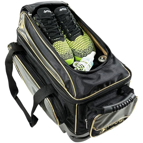 Pyramid Path Premium Deluxe 2 Ball Double Roller Bowling Bag With Large Separate Shoe Compartment (Up To US Mens Size 15) and Oversized Accessory Pocket, Retractable Locking Handle - Extends to 37" - color: Black/Gold/Grey 24K Edition