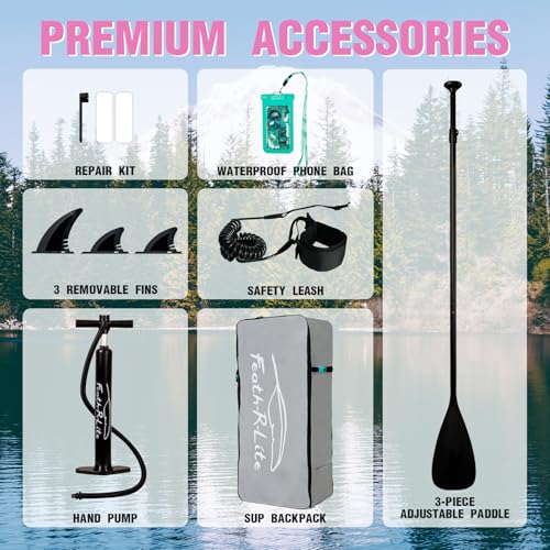 FEATH-R-LITE Inflatable Paddle Board Stand Up Paddleboards for Adults SUP with Premium Accessories Pump, Adjustable Paddle, Leash, Three Fins, Backpack - style: Blush Moose