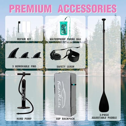FEATH-R-LITE Inflatable Paddle Board Stand Up Paddleboards for Adults SUP with Premium Accessories Pump, Adjustable Paddle, Leash, Three Fins, Backpack - style: Blush Moose