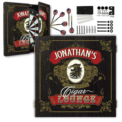 Personalized Dart Board Cabinet Set with 6 Steel Tip Darts, Paper Dartboard, Chalk & Eraser (21.5 x 21.5 x 2.75) - Man Cave Dart Boards for Adults - style: Cigar Lounge