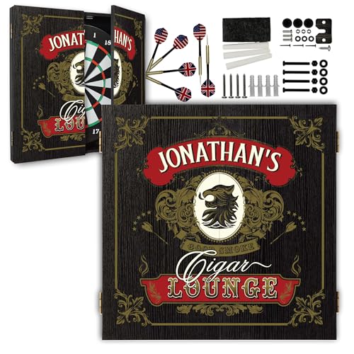 Personalized Dart Board Cabinet Set with 6 Steel Tip Darts, Paper Dartboard, Chalk & Eraser (21.5 x 21.5 x 2.75) - Man Cave Dart Boards for Adults - style: Cigar Lounge