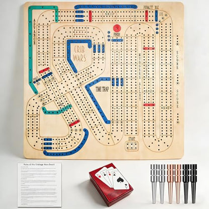 Cribbage Wars Board Game - 2026 Large Wooden Cribbage Set with Traps, Classic Board Game for Family Night & Bar Gatherings (35 x 35cm) (Wooden) - style: Wooden