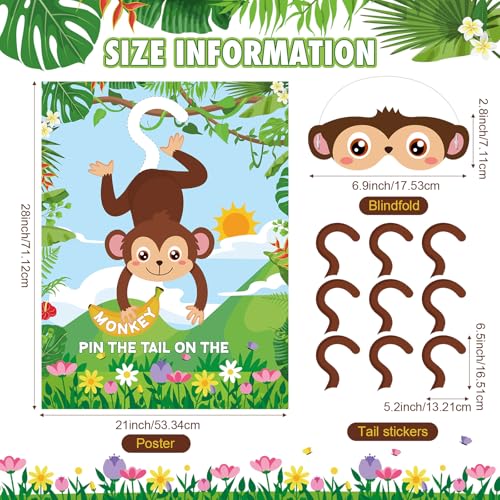 Faccito Jungle Animal Games Pin The Tail on The Monkey Safari Animal Birthday Party Games with Monkey Poster 24 Pcs Tail Stickers and Blindfold for Safari Jungle Zoo Forest Party Decorations Supplies - style: Animal