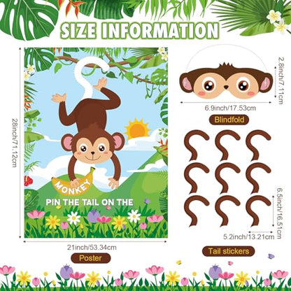 Faccito Jungle Animal Games Pin The Tail on The Monkey Safari Animal Birthday Party Games with Monkey Poster 24 Pcs Tail Stickers and Blindfold for Safari Jungle Zoo Forest Party Decorations Supplies - style: Animal