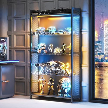 AODK Display Case with LED Lights, Display Cabinet with Glass Storage Shelves and Industrial Metal Mesh, 4-Tier Display Shelf for Collectibles, Curio Cabinet with Open Shelf, Black Book Shelf - color: Black