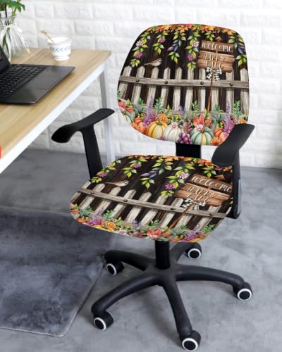 Savannan Office Chair Cover, Autumn Pumpkin Flower Leaf Protective Stretch Elastic Universal Cover for Desk Task Chair,Computer Rotating Chair 1 Pcs Rustic Farmhouse Bird Brown Wood