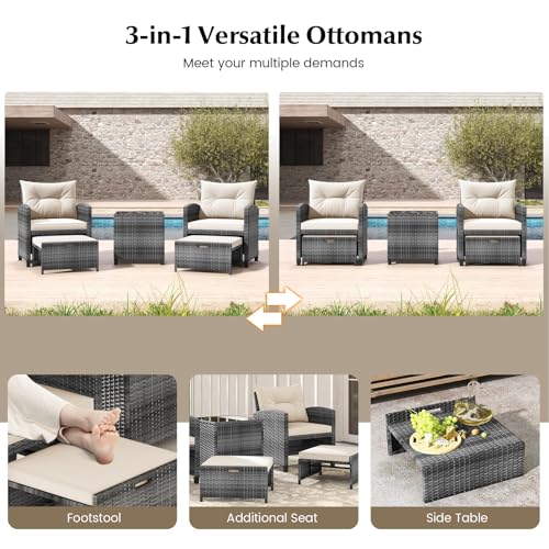 Tangkula 5 Pieces Patio Conversation Set, PE Wicker Rattan Outdoor Furniture Set with 2 Chairs, 2 Ottomans & Tempered Glass Coffee Table, Ideal for Poolside, Backyard, Lawn, Deck, Mix Grey & Off White - color: Mix Grey & Off White