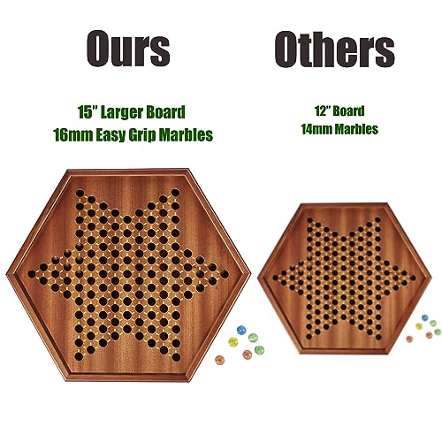 VAMSLOVE Chinese Checkers 15" Large Upgraded Version Wooden Game Board, 16mm 60+12 Colorful Glass Marbles, Easy Grasping for Adults and Kids, w/Storage Drawer, Fun for Family Gathering