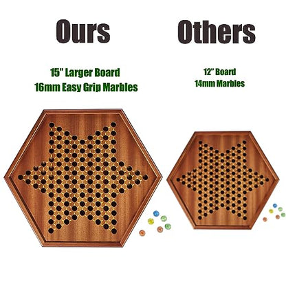 VAMSLOVE Chinese Checkers 15" Large Upgraded Version Wooden Game Board, 16mm 60+12 Colorful Glass Marbles, Easy Grasping for Adults and Kids, w/Storage Drawer, Fun for Family Gathering