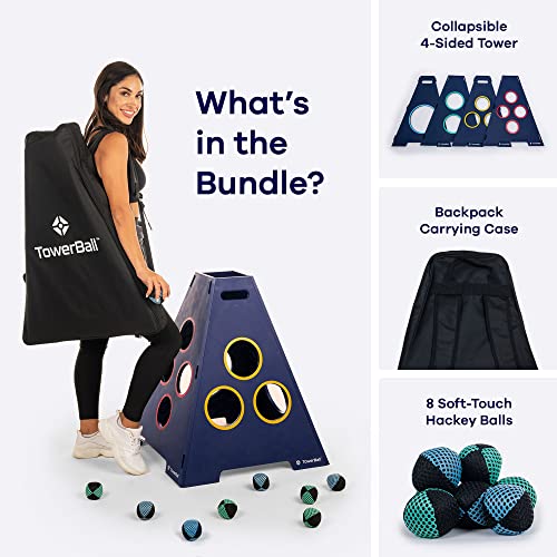 Caliber Games TowerBall Bundle - Backyard, Lawn, Beach & Tailgate Game - Great for All Ages & Group Sizes - Includes Collapsible Tower, 8 Balls (4 Green and 4 Blue), and a Premium Backpack