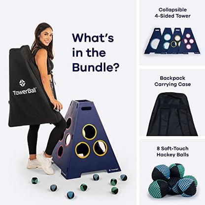 Caliber Games TowerBall Bundle - Backyard, Lawn, Beach & Tailgate Game - Great for All Ages & Group Sizes - Includes Collapsible Tower, 8 Balls (4 Green and 4 Blue), and a Premium Backpack