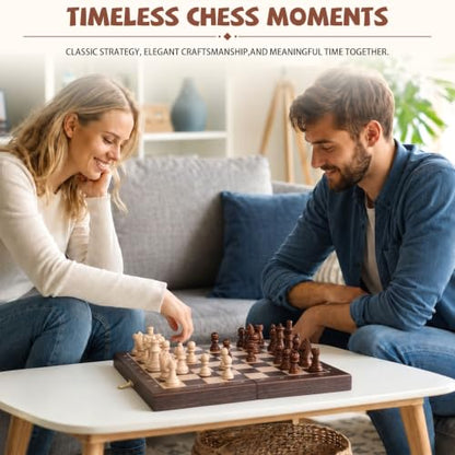 Magnetic Travel Chess Set with Wooden Folding Board – 12 Inch Portable Magnetic Chess Board Game with Handcrafted Wooden Pieces, 2 Extra Queens, Strategy Chess Set for Adults and Kids Beginners