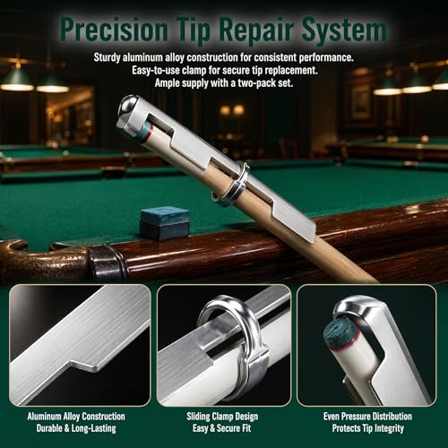 2 Sets Pool Cue Tips Replacement Kit, Stainless Steel Billiard Stick Repair Tool, Easy to Use Clamp Fastener, for Snooker, Professional Billiards Table Accessories