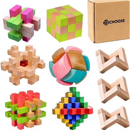 Wooden Brain Teaser Puzzles for Adults, 6PCS Coffee Table Puzzle Games with Display Stands, Challenging 3D Wood Puzzles for Teens to Seniors, Birthday Christmas Party Gifts