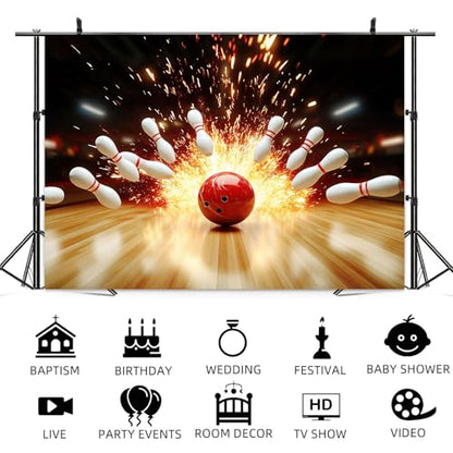 Bowling Photography Backdrop, Let's Strike Up Some Fun Bowling Birthday Party Decorations Background, Indoor Bowling Club Sport Game Fire Flames Backdrop Kids Adults Photo Studio Props 10x8ft - size: 10X8ft