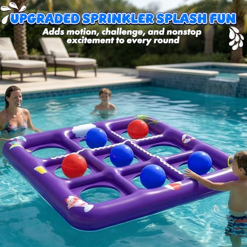 EPN Pool Games for Kids and Adults, 56” x 54” Inflatable Floating Tic Tac Toe Toss Game with 10 Balls, 2-in-1 Pool & Lawn Water Sprinkler Toy, Summer Pool Party Accessories for Backyard Fun, Purple