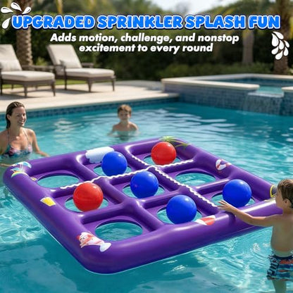 EPN Pool Games for Kids and Adults, 56” x 54” Inflatable Floating Tic Tac Toe Toss Game with 10 Balls, 2-in-1 Pool & Lawn Water Sprinkler Toy, Summer Pool Party Accessories for Backyard Fun, Purple
