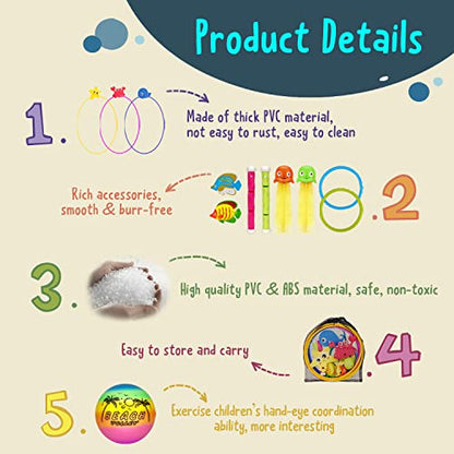 DAUXONE Diving Toys, 27 Pcs Pool Toys with Swim Thru Rings for Kids Age 3-12, Dive Sticks, Rings, Gem, Octopus, Torpedo, Mesh Bag Include