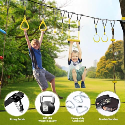 Ninja Warrior Obstacle Course for Kids,Fast-Setup Buckles—Up to 880 lbs,2x65ft Slack Lines for Backyard with with 14 Ninja Accessories-Swing Seat,Tree Swing,Rope Ladder,Ninja Ring,Arm Trainer - size: 14 Obstacles
