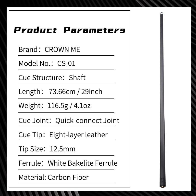 CROWN ME 12.5mm Uni Lock pin Pure Carbon Fiber Shaft for Pool Cue Stick, Pro Carbon cue Shaft only, Lowest Deflection Pool cue Shaft