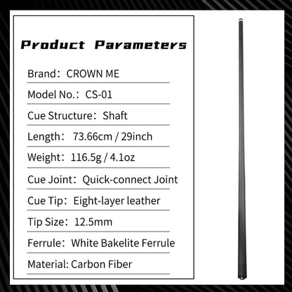 CROWN ME 12.5mm Uni Lock pin Pure Carbon Fiber Shaft for Pool Cue Stick, Pro Carbon cue Shaft only, Lowest Deflection Pool cue Shaft