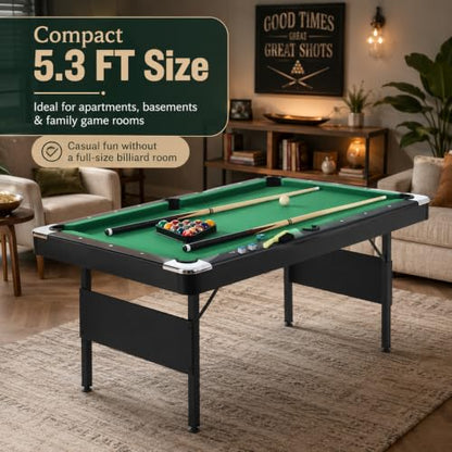 5.3 FT Pool Table Portable Foldable Billiards Table for Kids & Adults with with Balls, Cues, Chalk, Rack & Brush, Compact Space-Saving Game Table for Family Game Room & Office - color: Black+Green