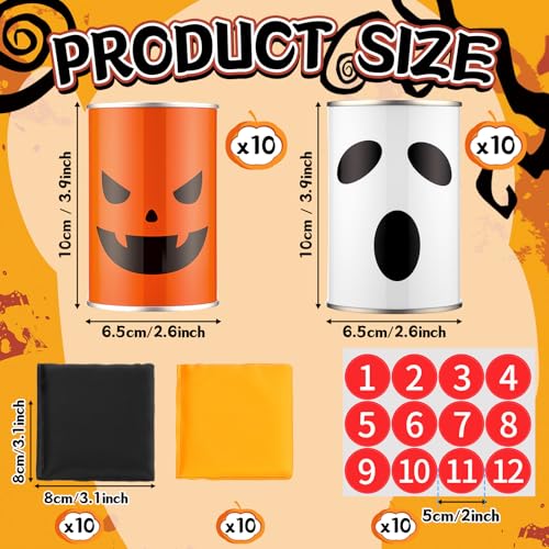 Soulchen 30 Pcs Halloween Carnival Bean Bag Toss Party Game, Knockdown Can Game Set Includes 20 Metal Cans, 8 Bean Bags and 2 Set Number Stickers for Family Gatherings, Backyard Fun & Carnival Party