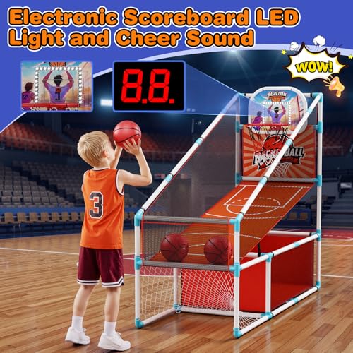 2 in 1 Kids Arcade Basketball Hoop &Soccer Goal,LED Lights Electronic Scoreboard, Adjustable Height Basketball Game Set,Indoor Outdoor Sport Toys Gift Toddlers Boys Girls Ages 3-12 Home Party