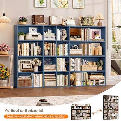 FOTOSOK 71'' Tall Bookshelf with 14 Cubes, 7 Tier Double Wide Bookshelf with 6 Adjustable Shelves, 19.6" Narrow Bookcase DVD/CD Media Storage Shelf, Space Saving Display Shelf Cabinet, Blue - color: Blue