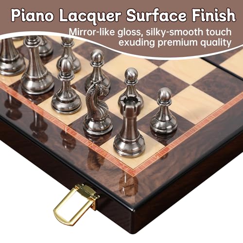 Ajedrez Luxury 15" Wooden Chess Set - Folding Board with Piano Finish | Weighted Metal Chess Pieces | Portable Travel Game for Adults & Kids | Premium Gift (Luxury Edition)