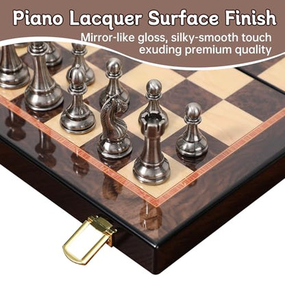 Ajedrez Luxury 15" Wooden Chess Set - Folding Board with Piano Finish | Weighted Metal Chess Pieces | Portable Travel Game for Adults & Kids | Premium Gift (Luxury Edition)