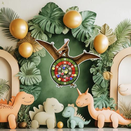 Pterosaur Dinosaur Themed Toss Game Banner with 12 Sticky Balls, 30” Large Dino Dart Board for Indoor Outdoor Games Birthday Party Supplies