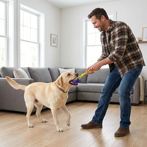 Outward Hound FlyFetch Ball Tug Dog Toy, Durable Rubber & Rope for Fetch and Tug-of-War, Lightweight, Floats, 9" x 3" - color: Ball Tug Purple