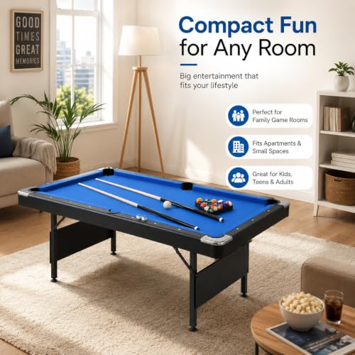 5.3 FT Pool Table Portable Foldable Billiards Table for Kids & Adults with with Balls, Cues, Chalk, Rack & Brush, Compact Space-Saving Game Table for Family Game Room & Office - color: Black+Blue