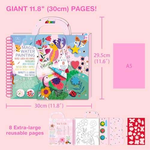 Avenir Reusable Water Coloring Book for Toddlers 3-5 Years, Road Trip & Airplane Mess-Free Portable Educational 4 in 1 Creative Set Water-Reveal Paint Activity Doodle Pad Kids Art Crafts - color: Fantasy Garden