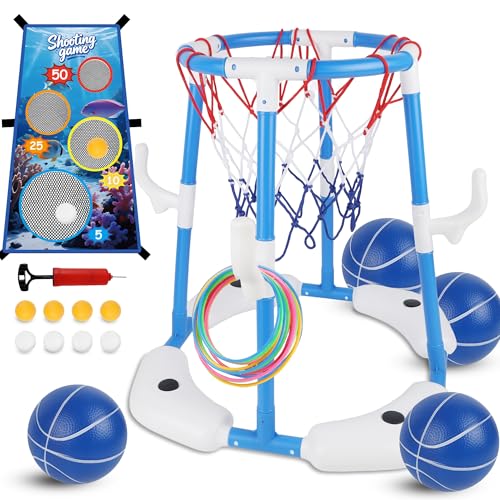 yofit 3-in-1 Pool Basketball Hoop Set, Floating Pool Toys with 14 Balls 12 Rings Toss Games Pump, Outdoor Summer Basketball Game at Swimming Poolside for Kids Ages 4-12 Adults Family Fun - color: Blue