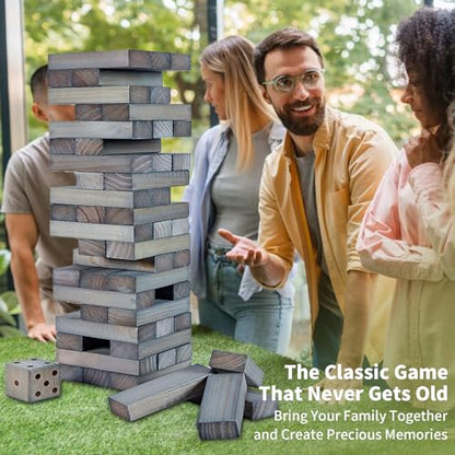 ApudArmis Giant Tumble Tower Stack to Over 5Ft, 56 PCS Pine Wooden Stacking Timber Game with 1 Dice Set - Classic Block Giant Outdoor Game (7.48 * 2.48 * 1.5 in Each Block, Gray) - color: Gray, size: XL-Over 5FT