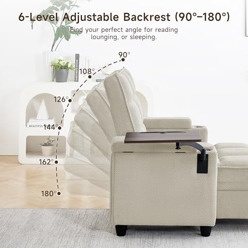 oaaktu Modern Tufted Linen Fabric Chaise Lounge Sofa Chair with Rotating Side Table,Storage,Pillow,USB Charging Ports and Adjustable Backrest Perfect for Living Room, Small Spaces (12-Beige) - color: 12-beige