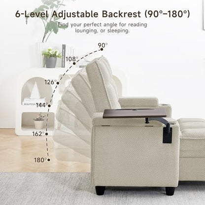 oaaktu Modern Tufted Linen Fabric Chaise Lounge Sofa Chair with Rotating Side Table,Storage,Pillow,USB Charging Ports and Adjustable Backrest Perfect for Living Room, Small Spaces (12-Beige) - color: 12-beige