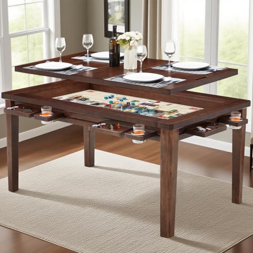 Haddockway 63" ×39“ Board Game Table with Removable Top, Solid Wood Dining/Gaming Table for 4-6 Players with Play Mat, 6 Detachable Cup Holders & 6 Hobby Trays (Warm Walnut) - color: Warm Walnut